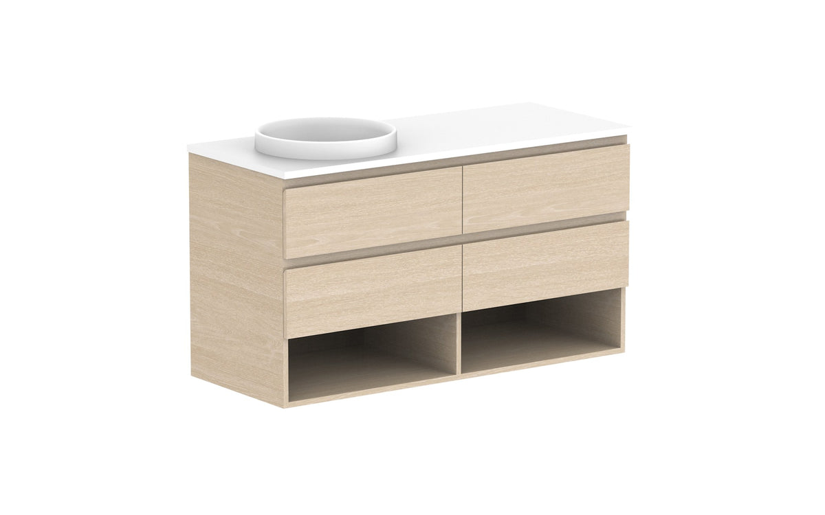 ADP Glacier Full Depth Shelf Twin Wall Hung Vanity 1200mm left offset bowl, benchtop