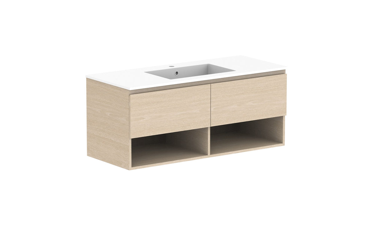 ADP Glacier Full Depth Shelf Slim Wall Hung Vanity 1200mm centre bowl, cast marble top
