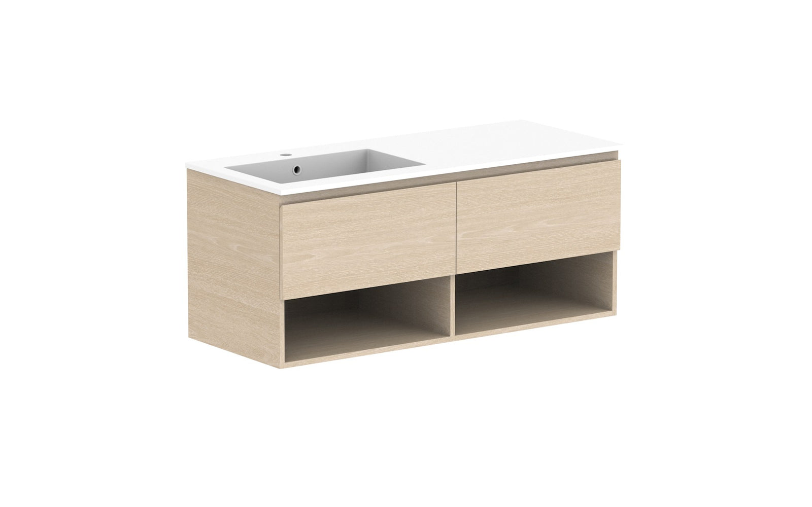 ADP Glacier Full Depth Shelf Slim Wall Hung Vanity 1200mm left offset bowl, cast marble top