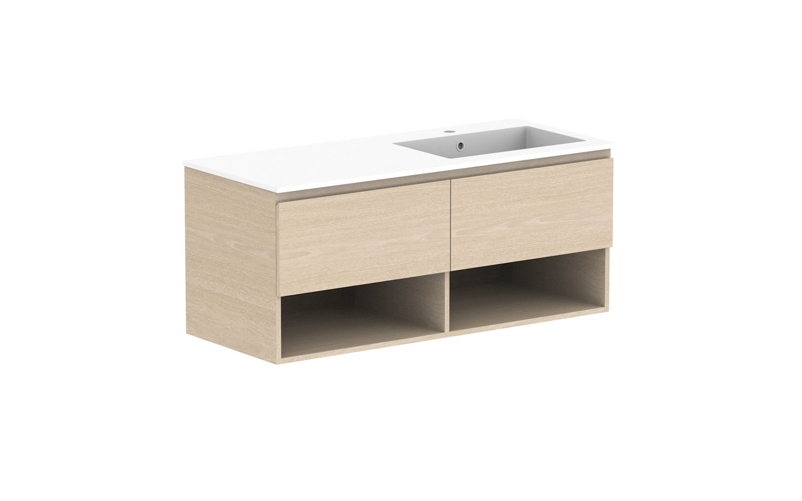 ADP Glacier Full Depth Shelf Slim Wall Hung Vanity 1200mm right offset bowl, cast marble top