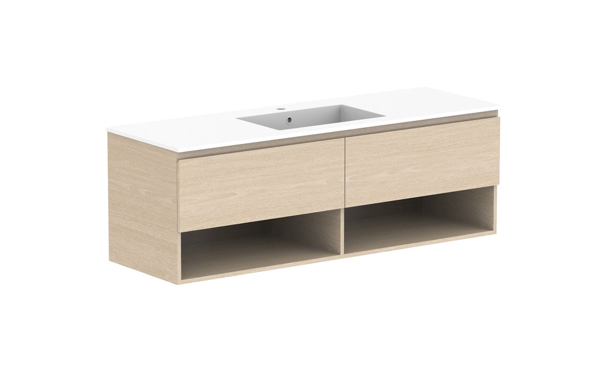 ADP Glacier Full Depth Shelf Slim Wall Hung Vanity 1500mm centre bowl, cast marble top