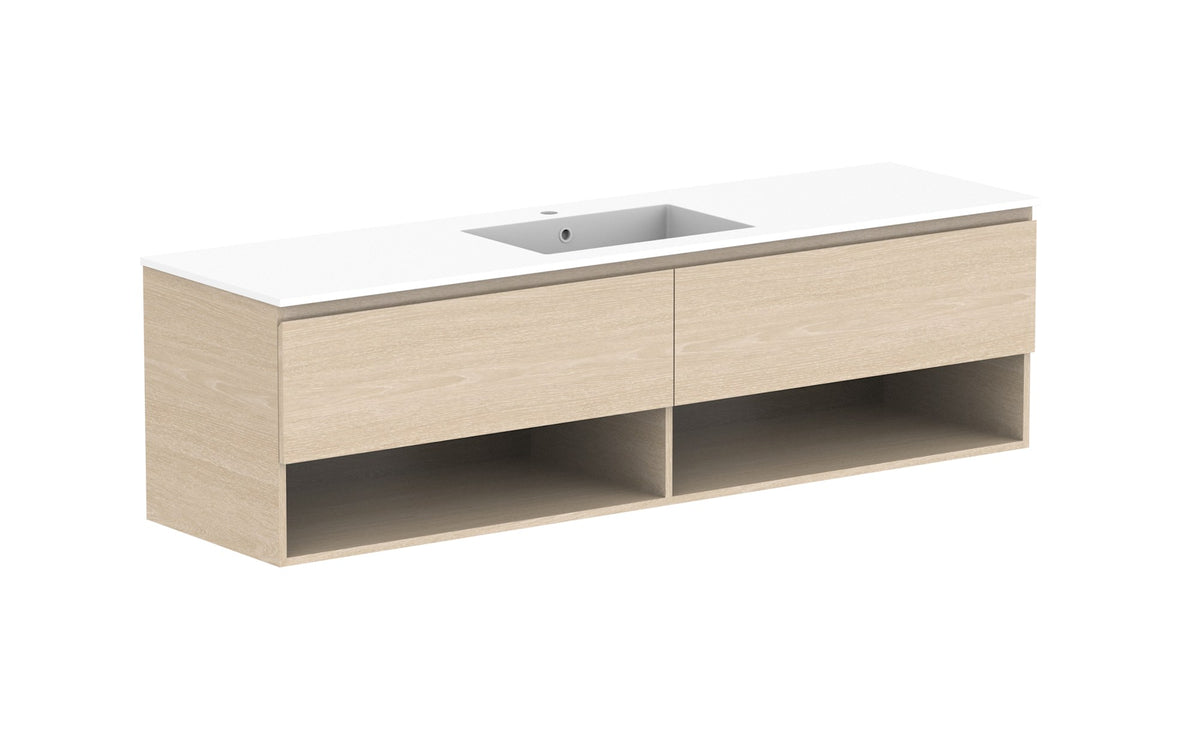 ADP Glacier Full Depth Shelf Slim Wall Hung Vanity 1800mm centre bowl, cast marble top