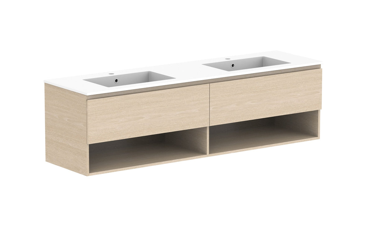 ADP Glacier Full Depth Shelf Slim Wall Hung Vanity 1800mm double bowl, cast marble top