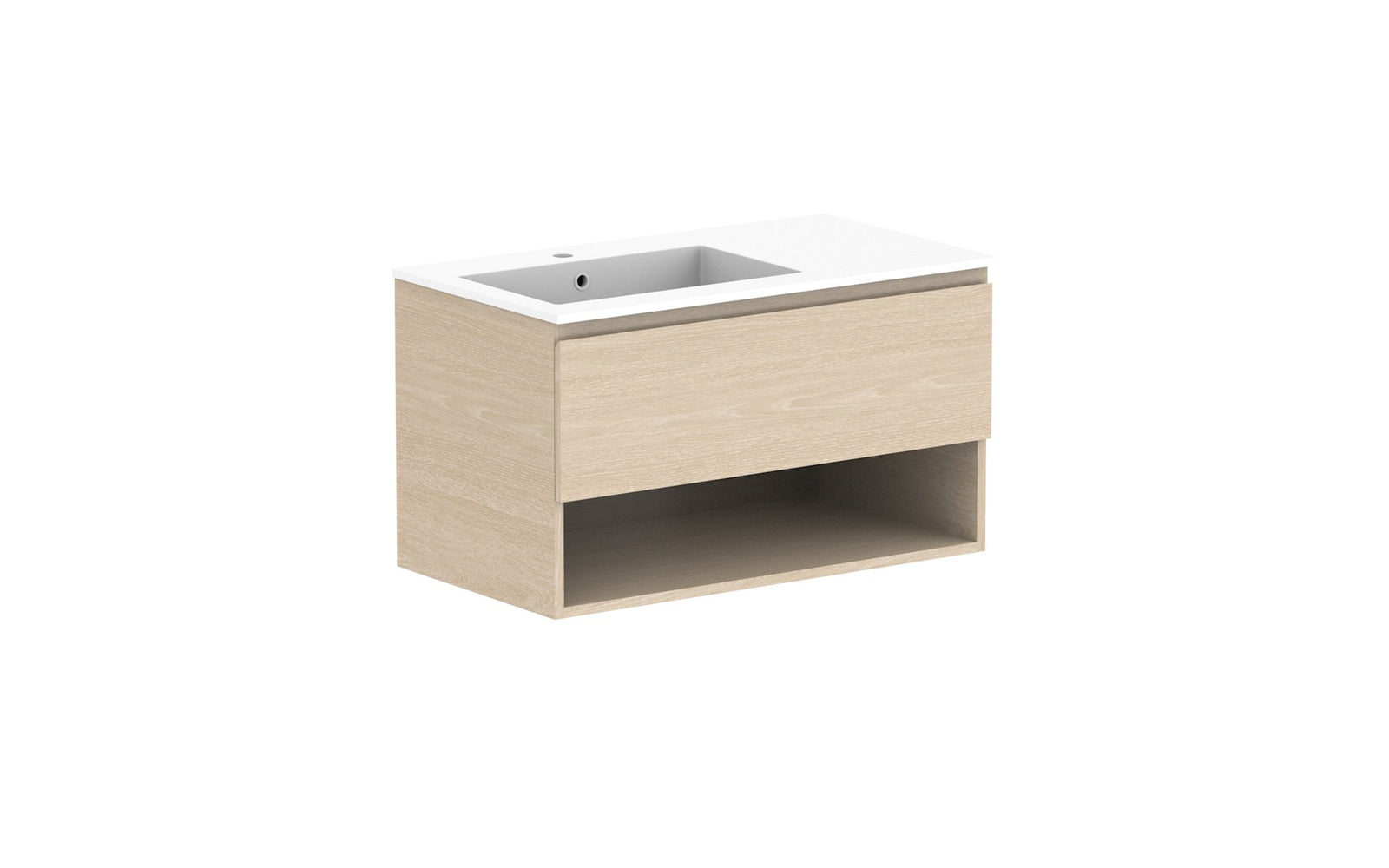 ADP Glacier Full Depth Shelf Slim Wall Hung Vanity 900mm left offset bowl, cast marble top