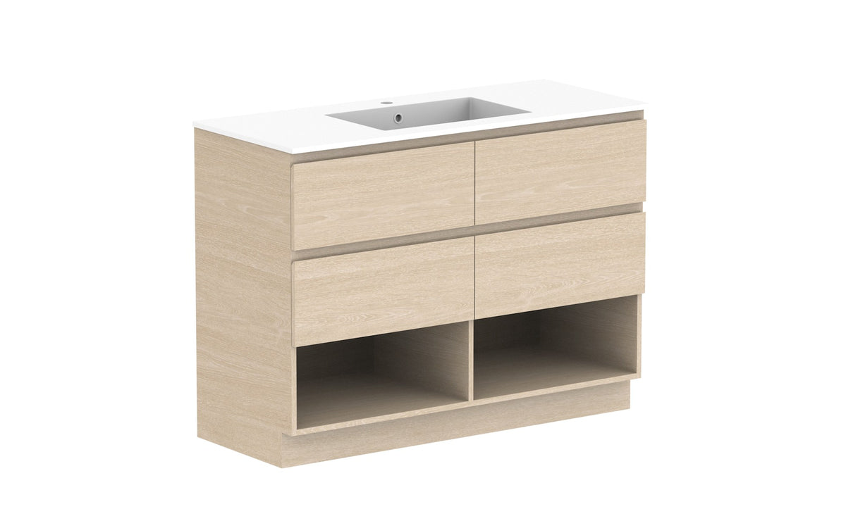 ADP Glacier Full Depth Shelf Twin Floor Mount Vanity 1200mm centre bowl, cast marble top
