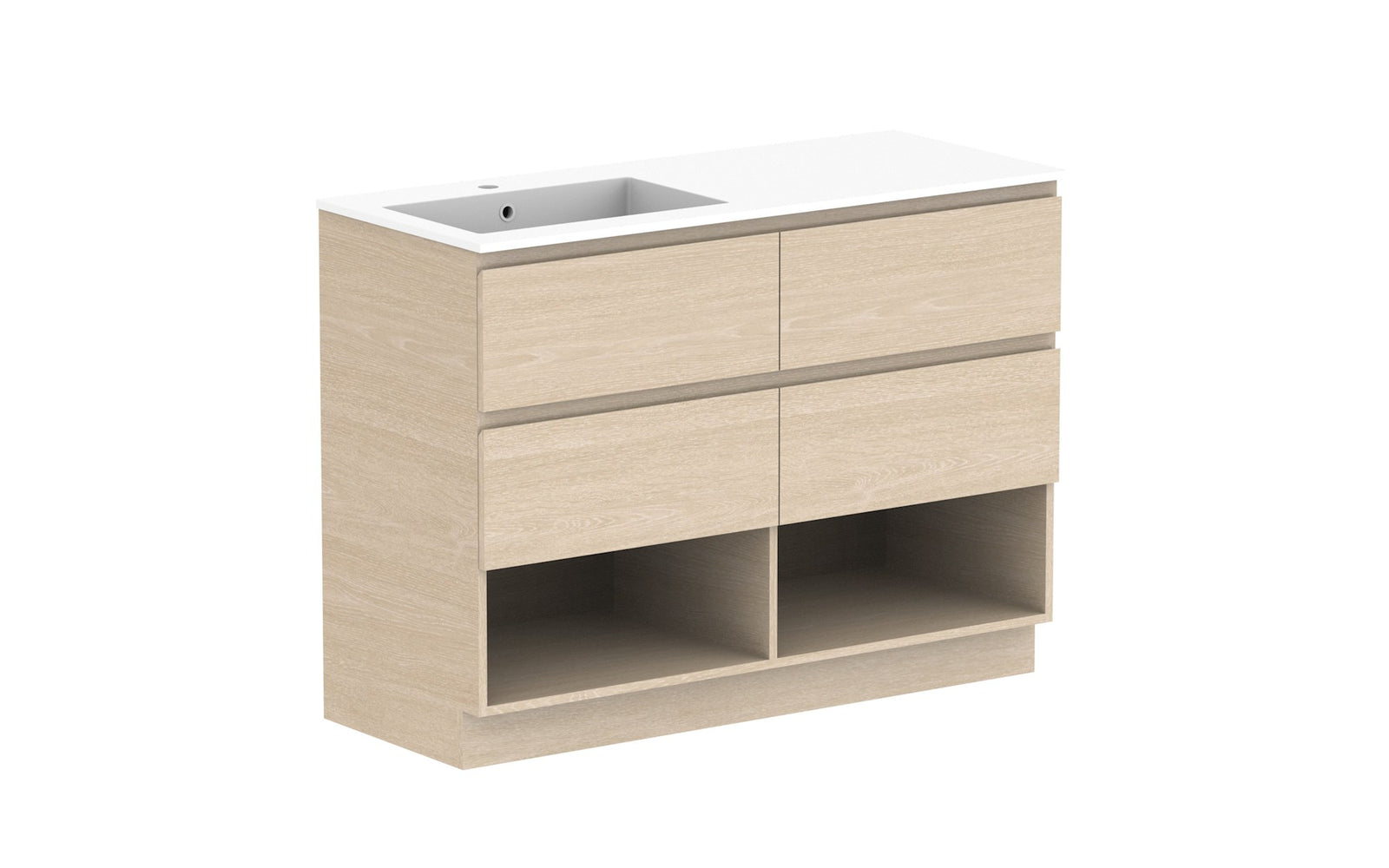ADP Glacier Full Depth Shelf Twin Floor Mount Vanity 1200mm left offset bowl, cast marble top