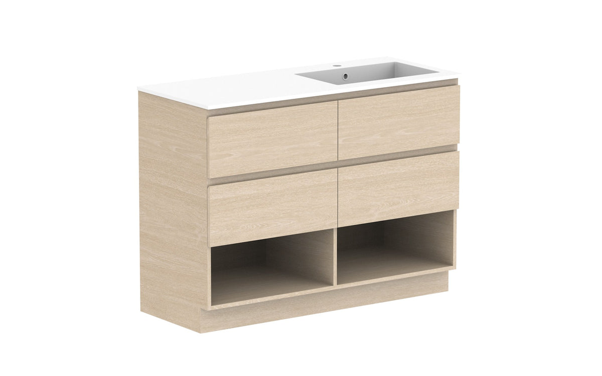 ADP Glacier Full Depth Shelf Twin Floor Mount Vanity 1200mm right offset bowl, cast marble top
