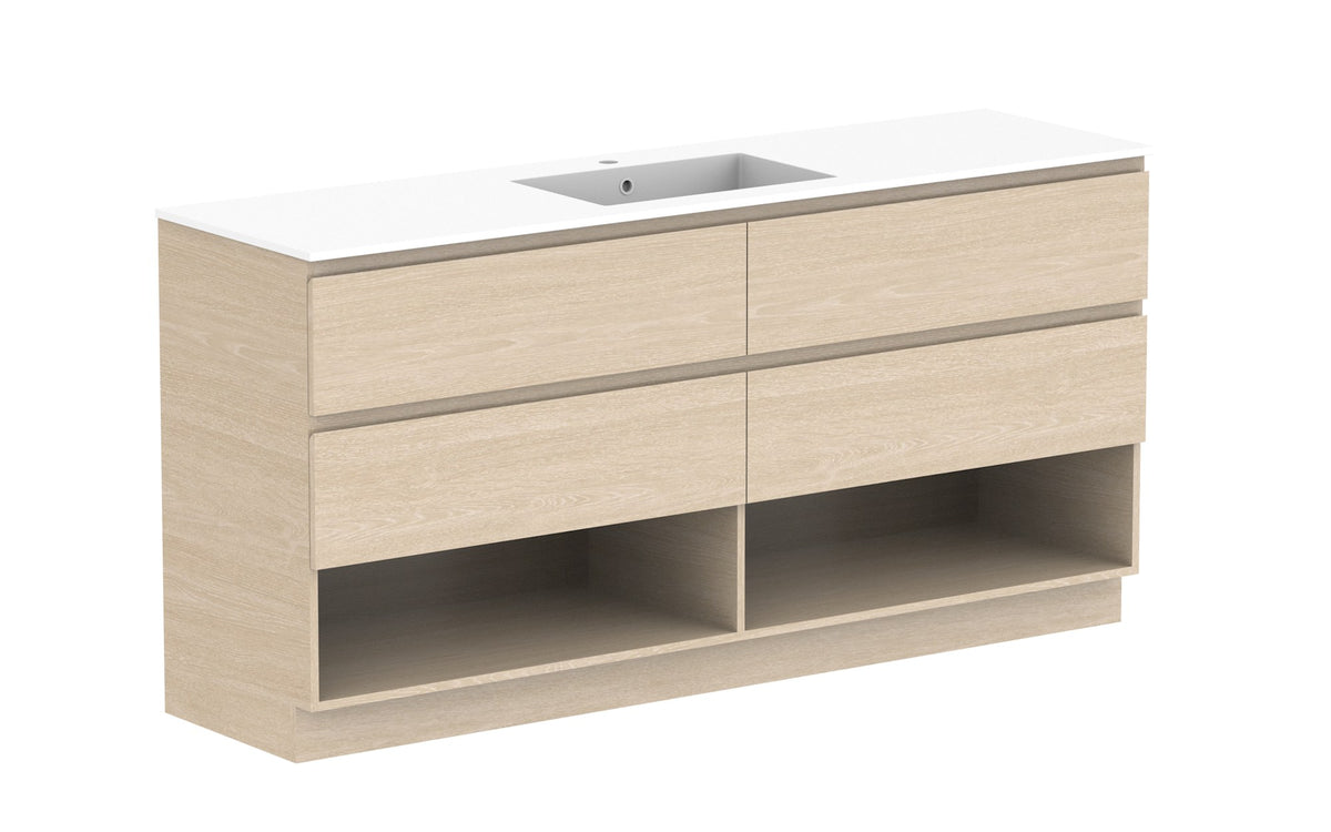 ADP Glacier Full Depth Shelf Twin Floor Mount Vanity 1800mm centre bowl, cast marble top