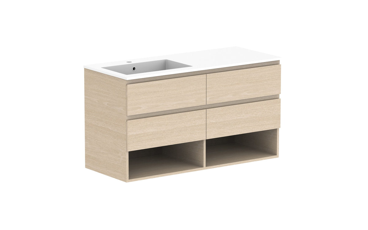 ADP Glacier Full Depth Shelf Twin Wall Hung Vanity 1200mm left offset bowl, cast marble top