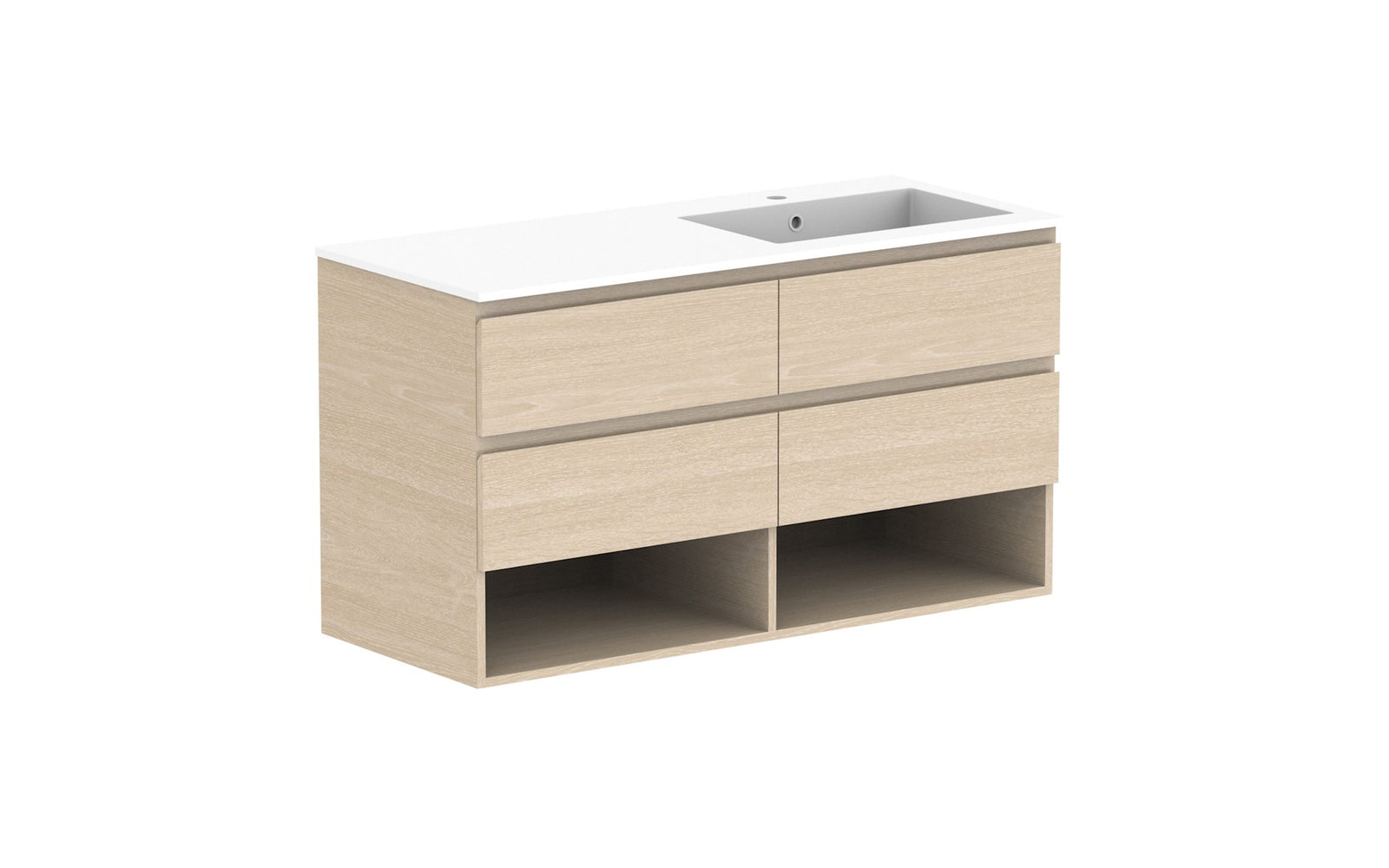 ADP Glacier Full Depth Shelf Twin Wall Hung Vanity 1200mm right offset bowl, cast marble top