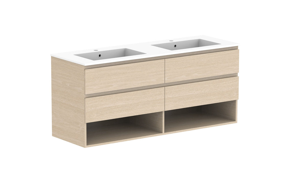 ADP Glacier Full Depth Shelf Twin Wall Hung Vanity 1500mm double bowl, cast marble top