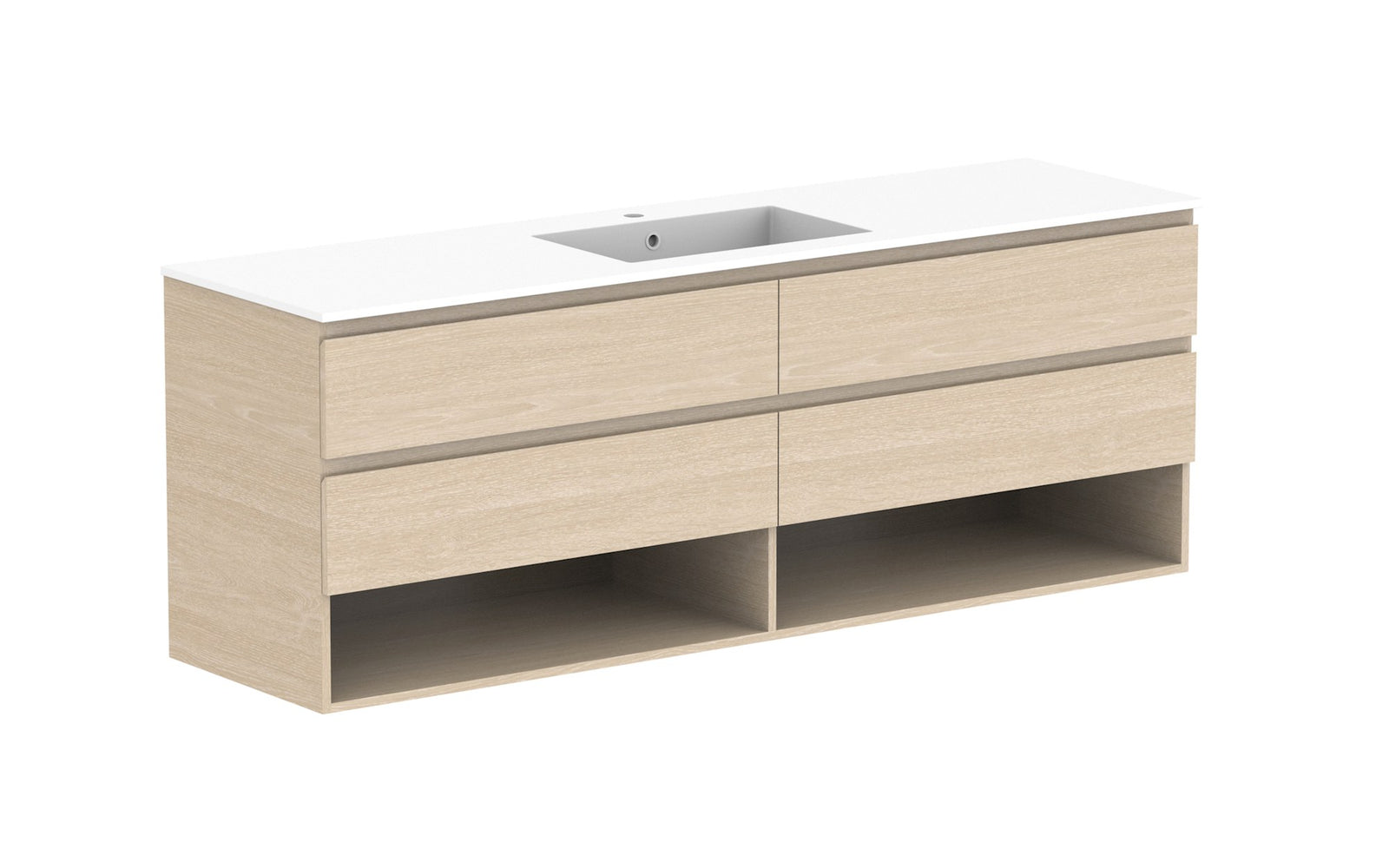 ADP Glacier Full Depth Shelf Twin Wall Hung Vanity 1800mm centre bowl, cast marble top