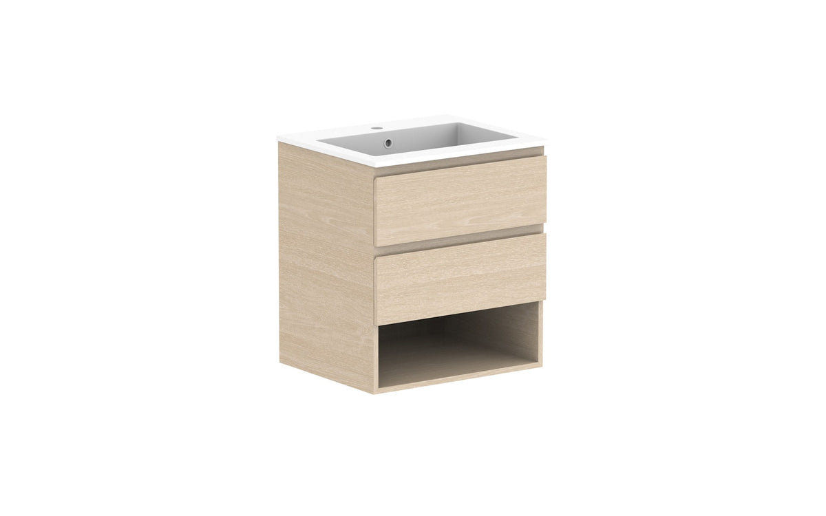 ADP Glacier Full Depth Shelf Twin Wall Hung Vanity 600mm centre bowl, cast marble top