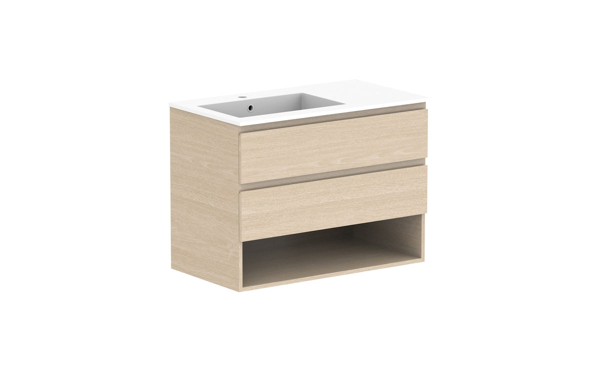 ADP Glacier Full Depth Shelf Twin Wall Hung Vanity 900mm left offset bowl, cast marble top