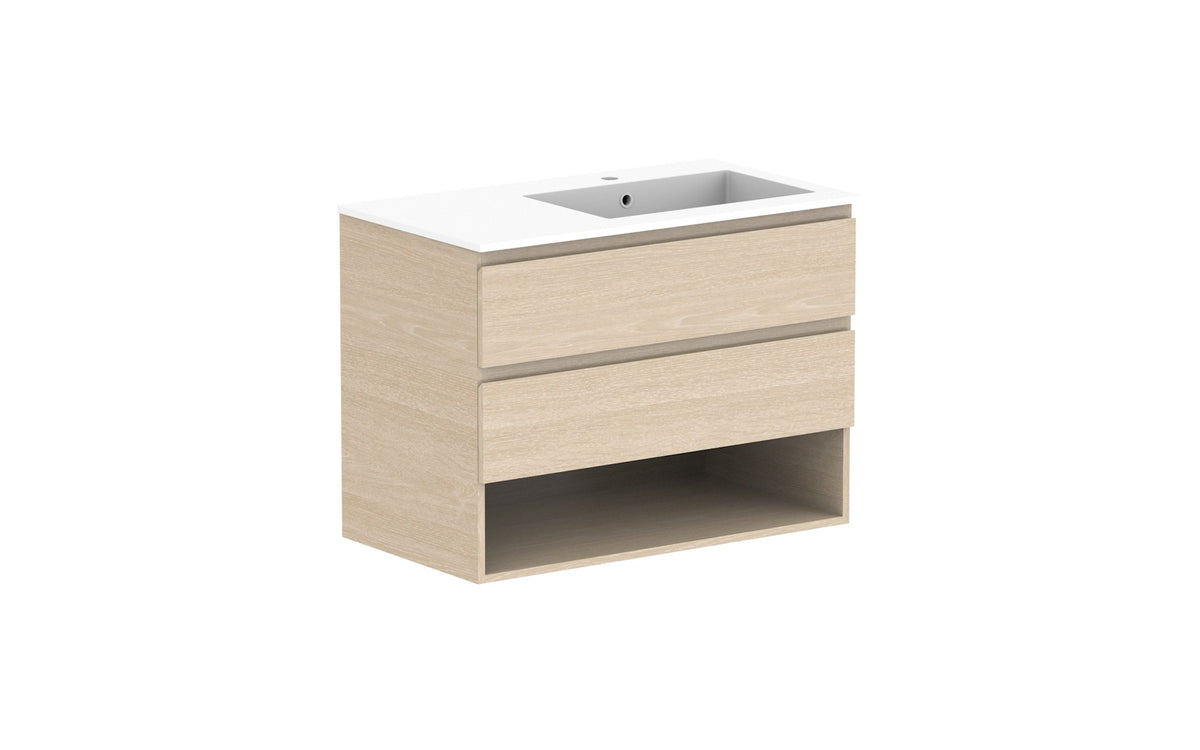 ADP Glacier Full Depth Shelf Twin Wall Hung Vanity 900mm right offset bowl, cast marble top