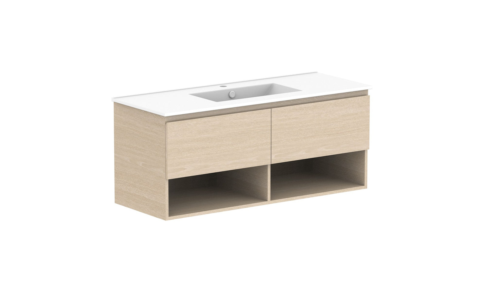 ADP Glacier Full Depth Shelf Slim Wall Hung Vanity 1200mm centre bowl, ceramic top