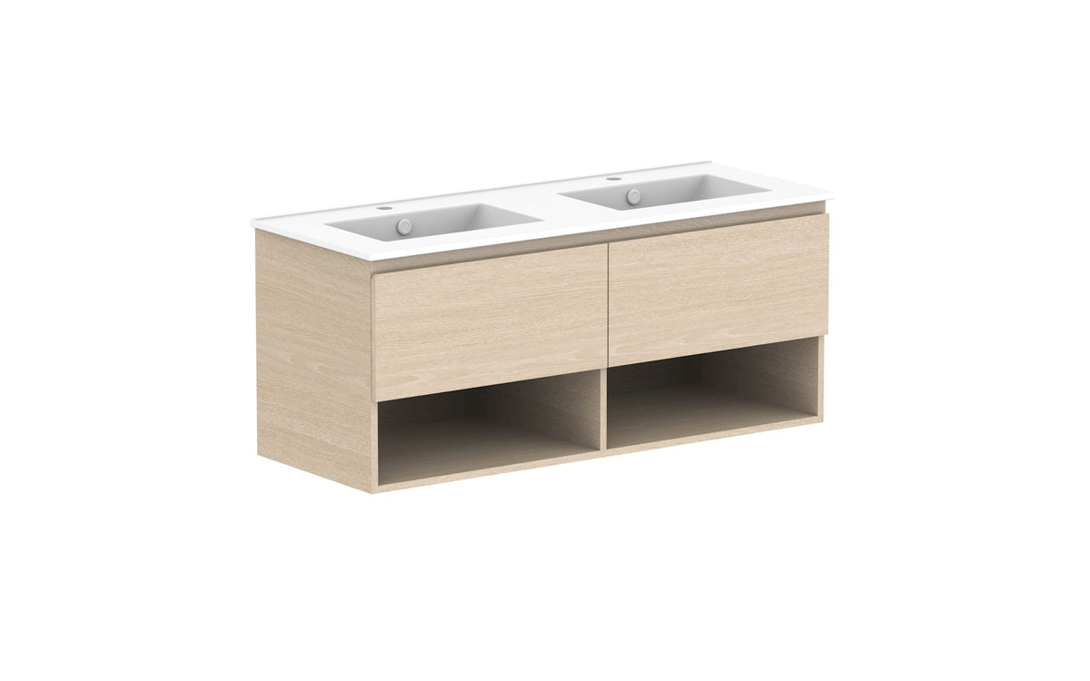 ADP Glacier Full Depth Shelf Slim Wall Hung Vanity 1200mm double bowl, ceramic top