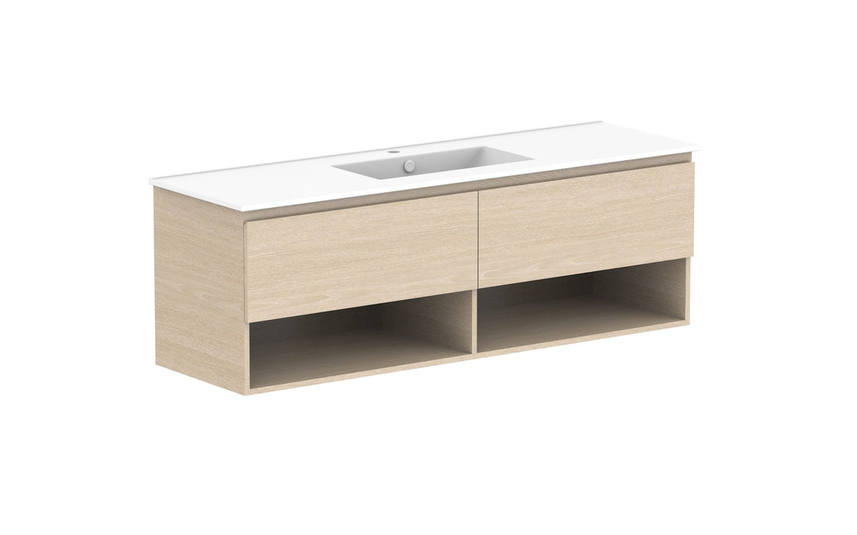 ADP Glacier Full Depth Shelf Slim Wall Hung Vanity 1500mm centre bowl, ceramic top