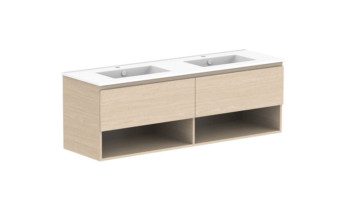 ADP Glacier Full Depth Shelf Slim Wall Hung Vanity 1500mm double bowl, ceramic top