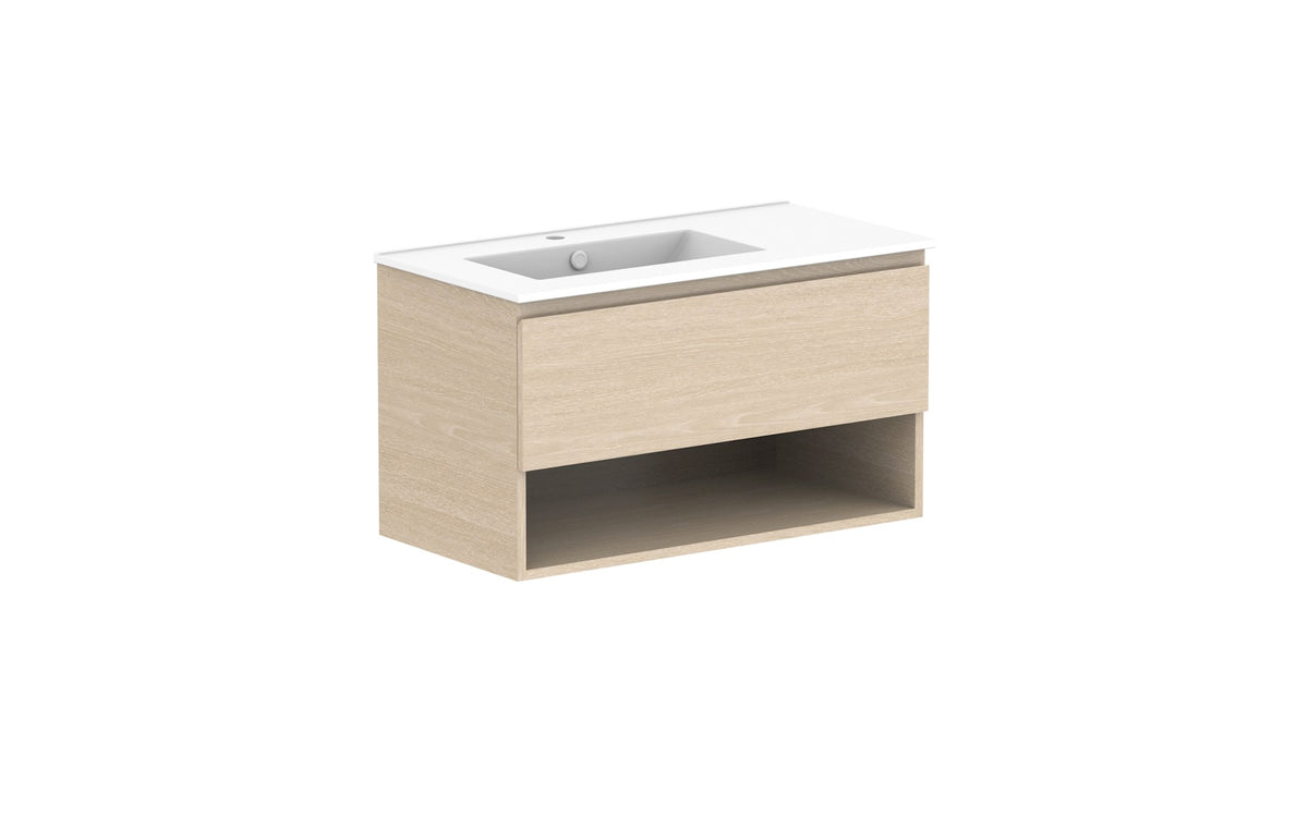 ADP Glacier Full Depth Shelf Slim Wall Hung Vanity 900mm left offset bowl, ceramic top