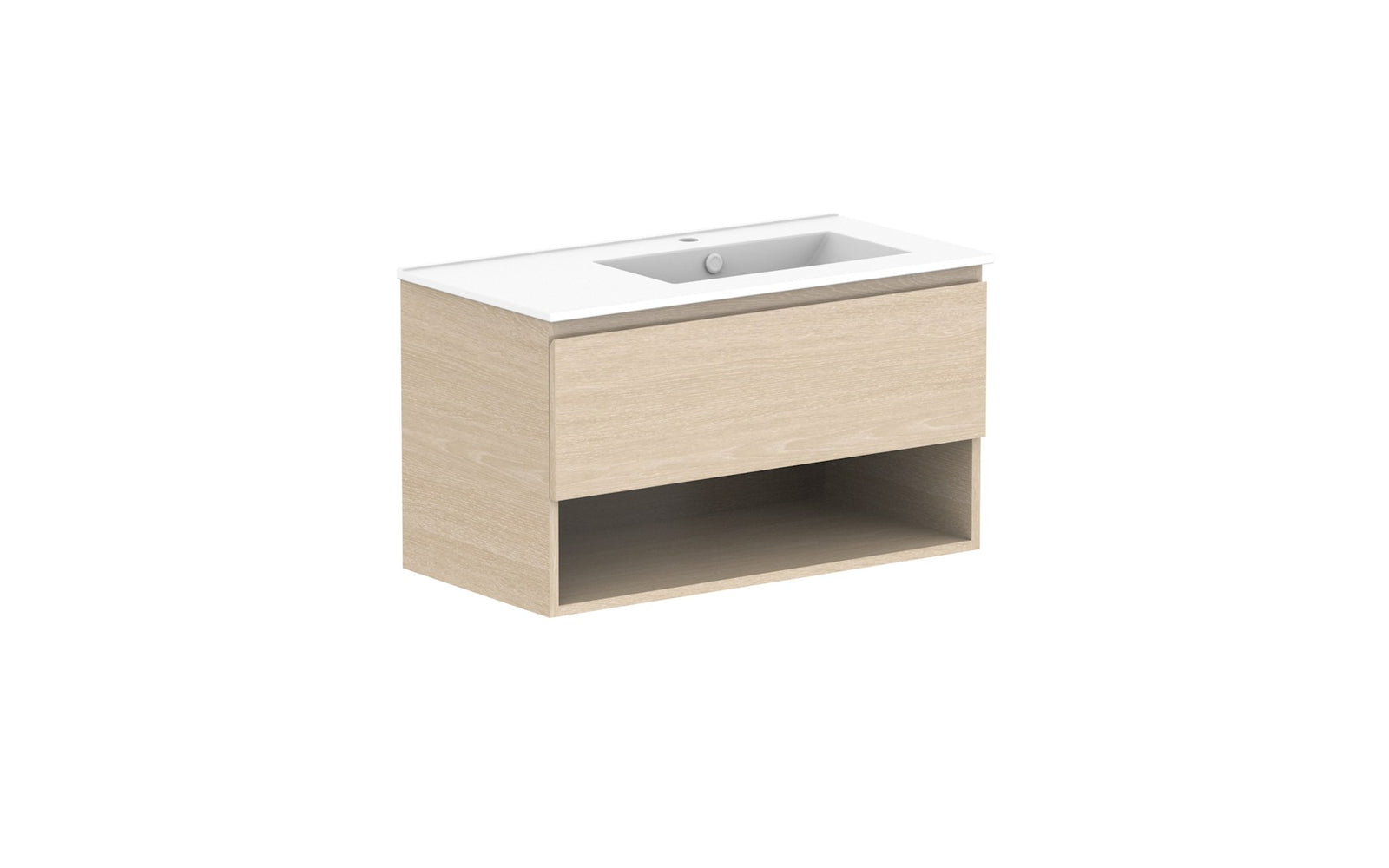 ADP Glacier Full Depth Shelf Slim Wall Hung Vanity 900mm right offset bowl, ceramic top