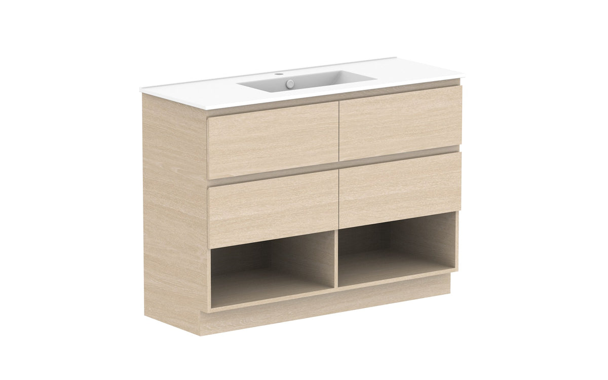 ADP Glacier Full Depth Shelf Twin Floor Mount Vanity 1200mm centre bowl, ceramic top