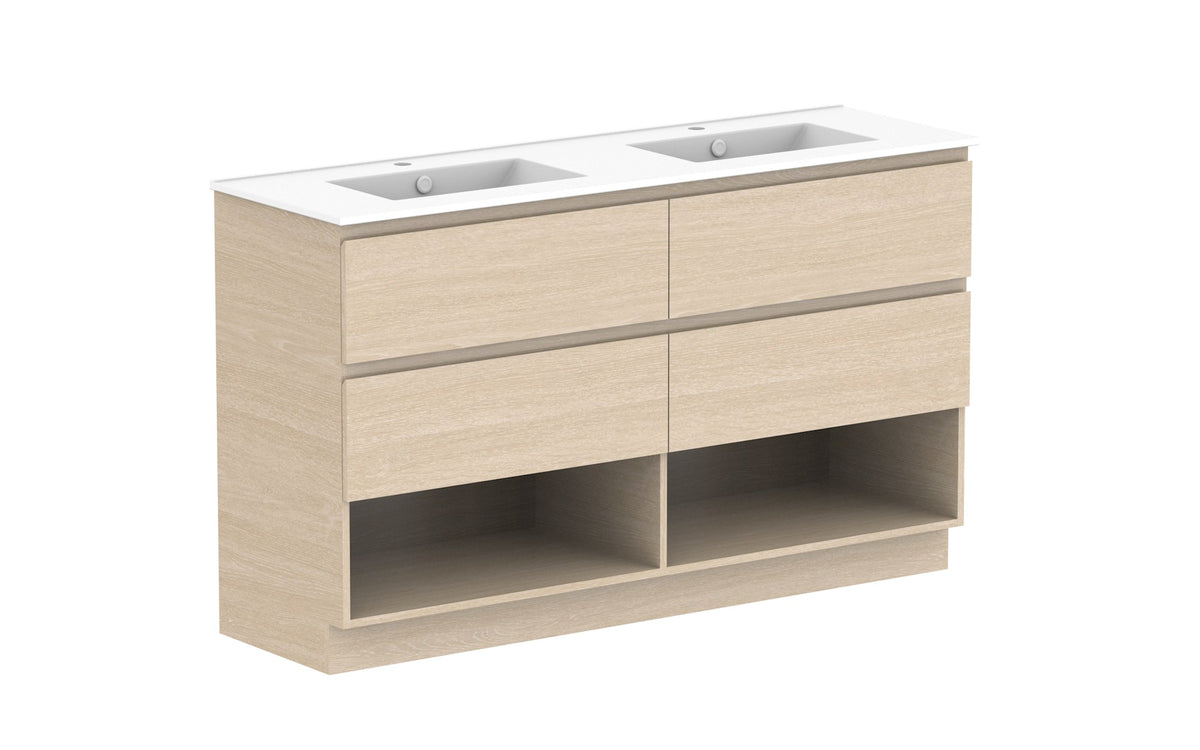 ADP Glacier Full Depth Shelf Twin Floor Mount Vanity 1500mm double bowl, ceramic top