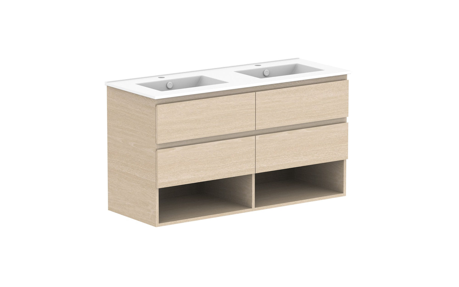 ADP Glacier Full Depth Shelf Twin Wall Hung Vanity 1200mm double bowl, ceramic top