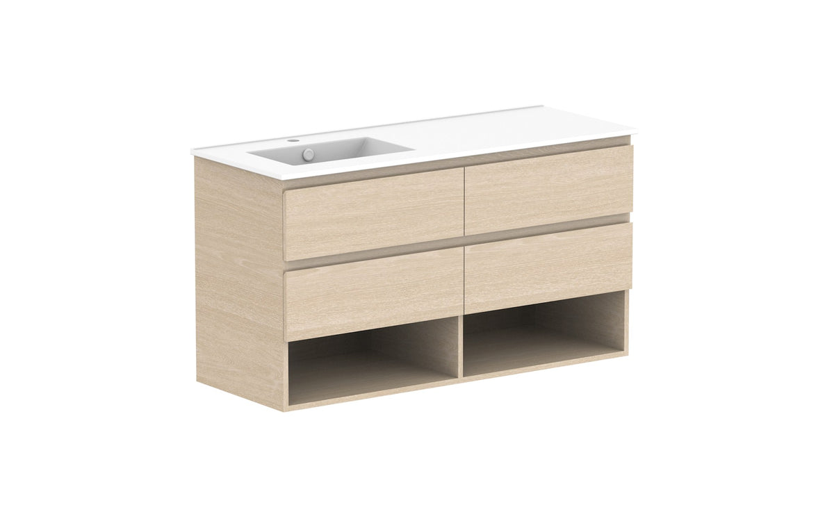 ADP Glacier Full Depth Shelf Twin Wall Hung Vanity 1200mm left offset bowl, ceramic top