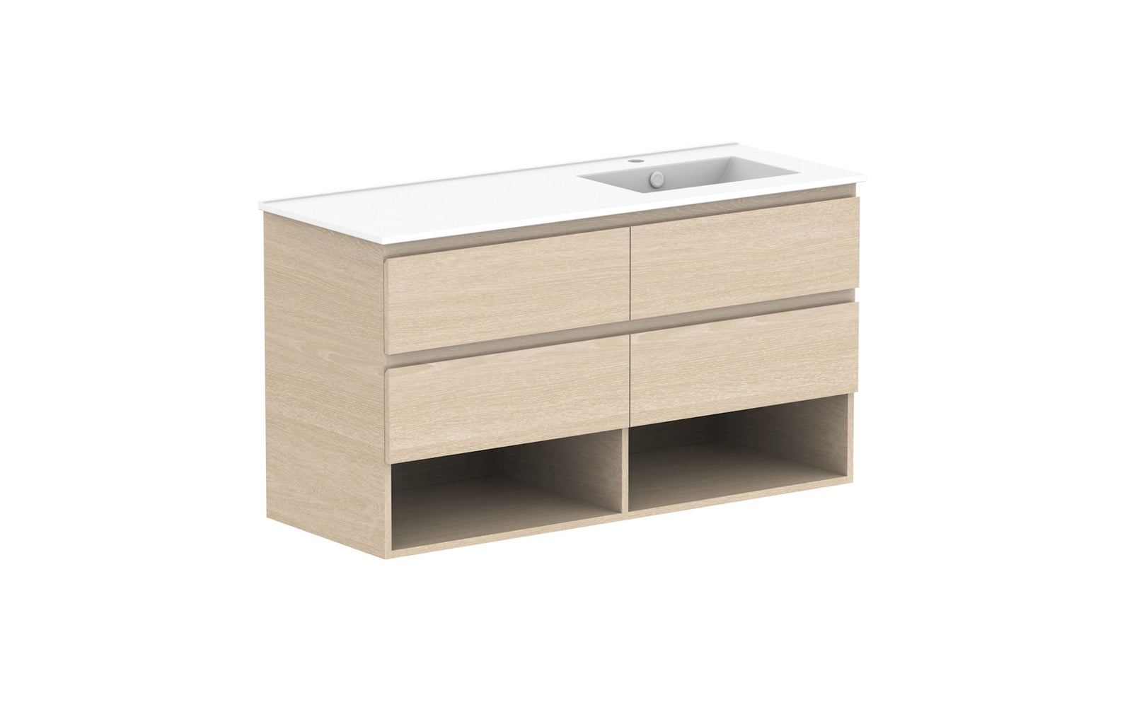 ADP Glacier Full Depth Shelf Twin Wall Hung Vanity 1200mm right offset bowl, ceramic top