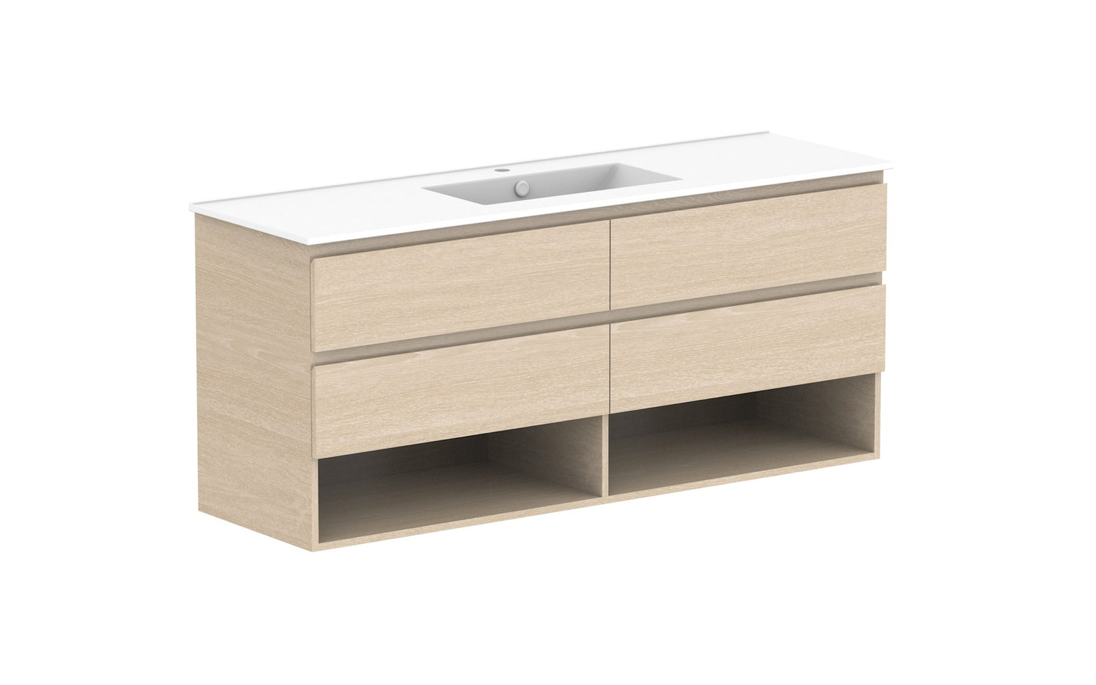 ADP Glacier Full Depth Shelf Twin Wall Hung Vanity 1500mm centre bowl, ceramic top