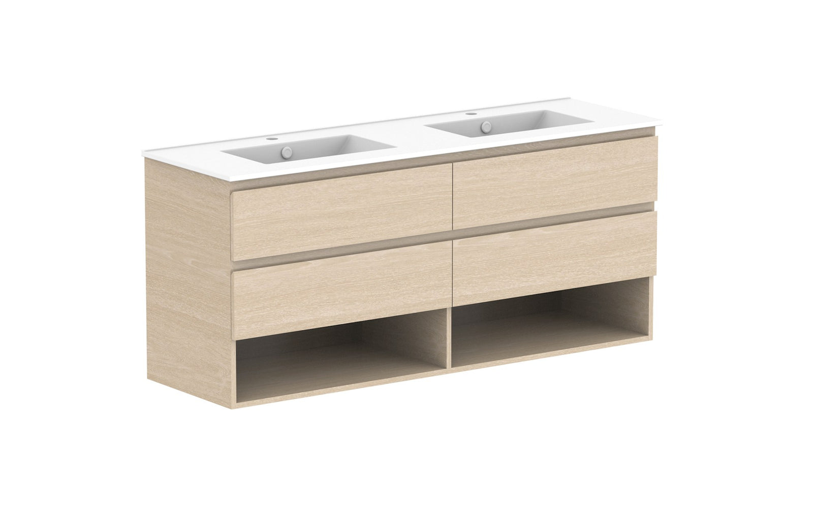 ADP Glacier Full Depth Shelf Twin Wall Hung Vanity 1500mm double bowl, ceramic top