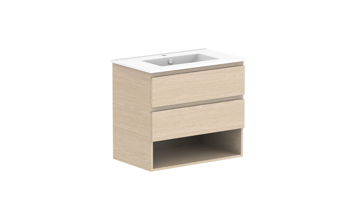 ADP Glacier Full Depth Shelf Twin Wall Hung Vanity 750mm centre bowl, ceramic top