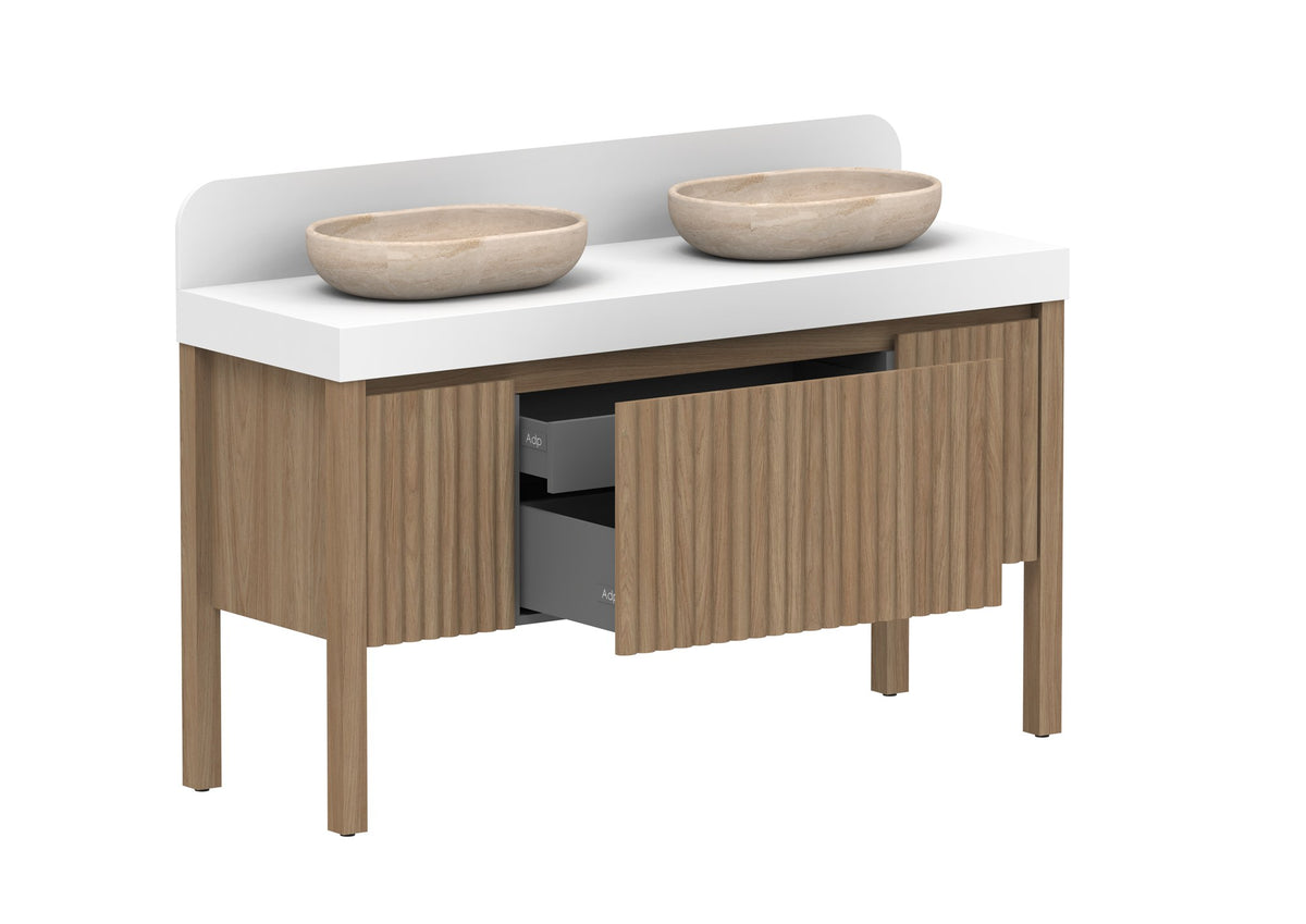 ADP Harper With Legs Floor Mount Vanity 1500mm double bowl in Prime Oak, open