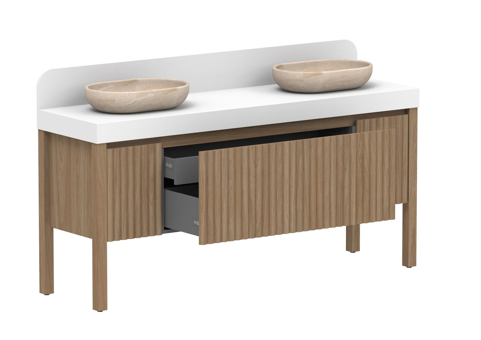 ADP Harper With Legs Floor Mount Vanity 1800mm double bowl in Prime Oak, open