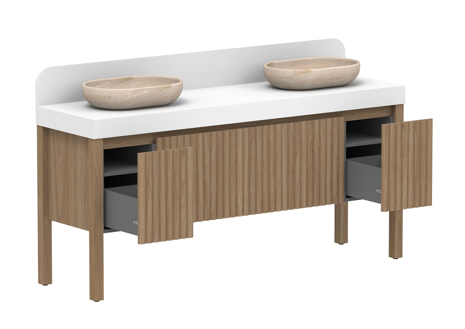ADP Harper With Legs Floor Mount Vanity 1800mm double bowl in Prime Oak, open