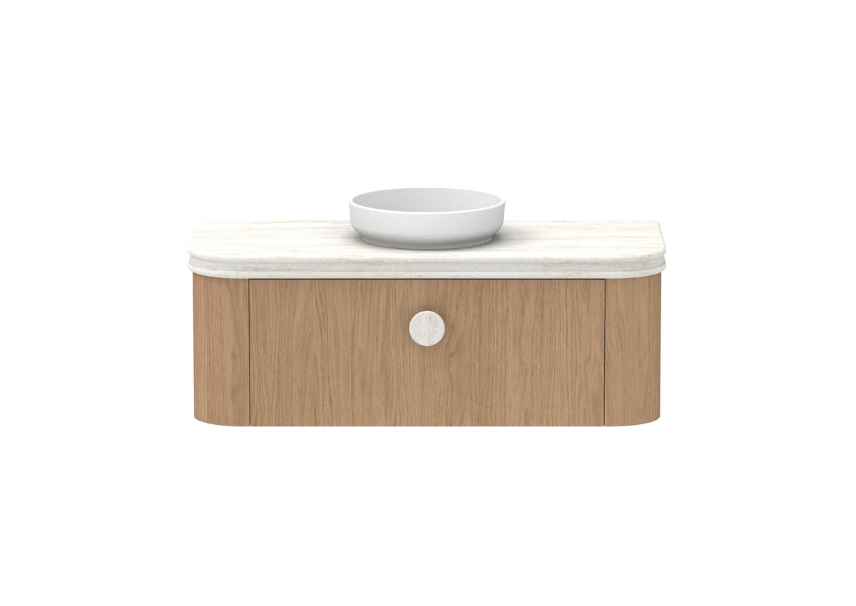 ADP Surry Wall Hung Vanity 1200mm centre bowl in Boston Oak, Royale benchtop, front view