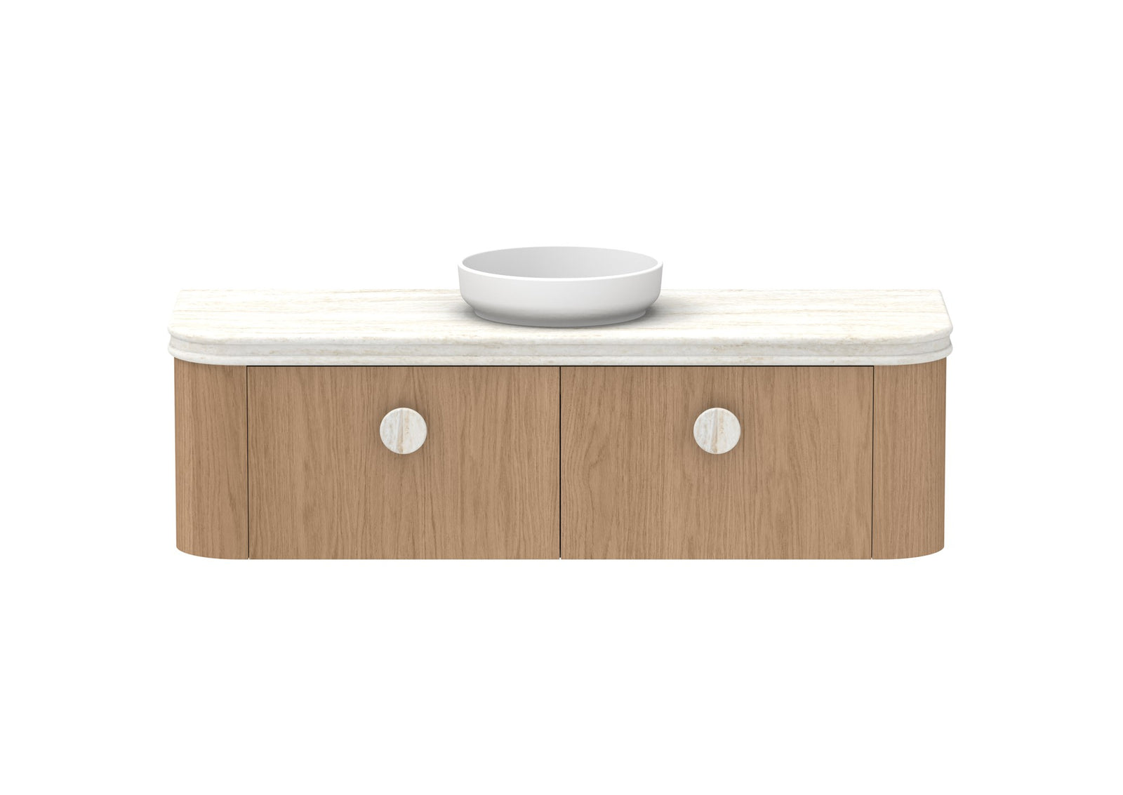 ADP Surry Wall Hung Vanity 1500mm centre bowl in Boston Oak, Royale benchtop, front view