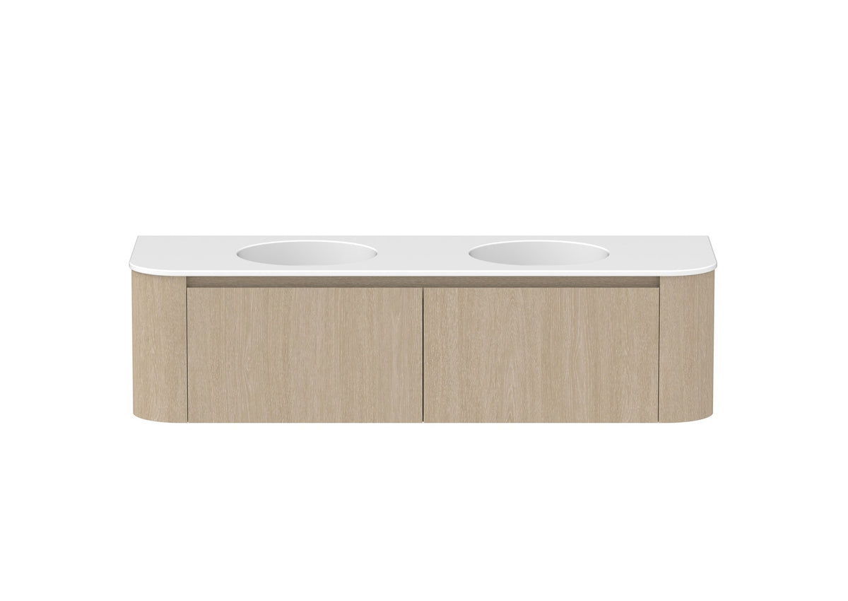 ADP Surry Wall Hung Vanity 1500mm double bowl in Coastal Oak, ceramic top, front view