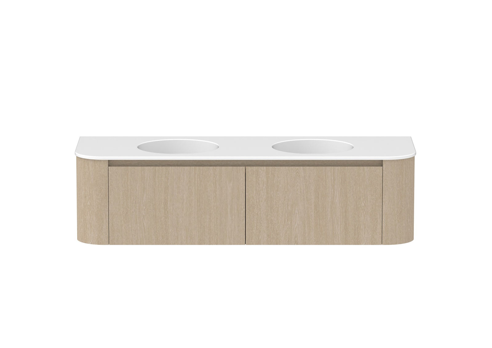 ADP Surry Wall Hung Vanity 1500mm double bowl in Coastal Oak, ceramic top, front view