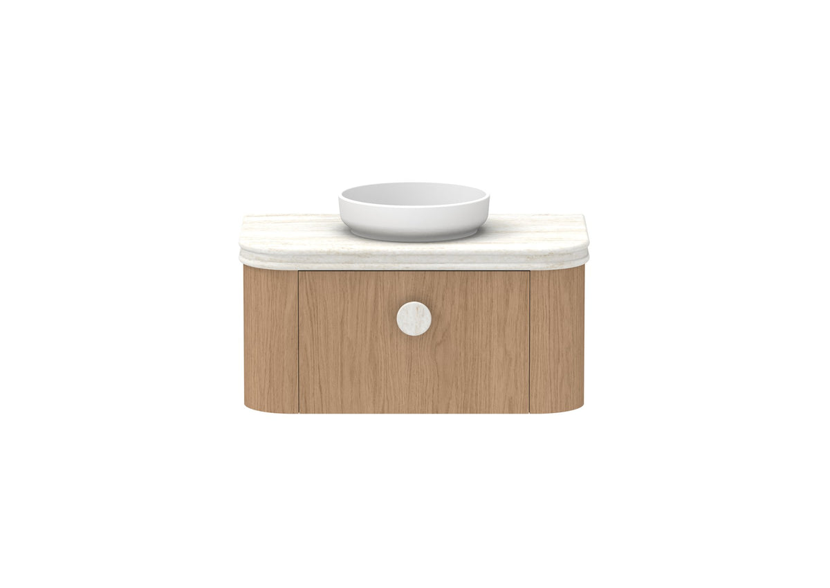 ADP Surry Wall Hung Vanity 900mm centre bowl in Boston Oak, Royale benchtop, front view