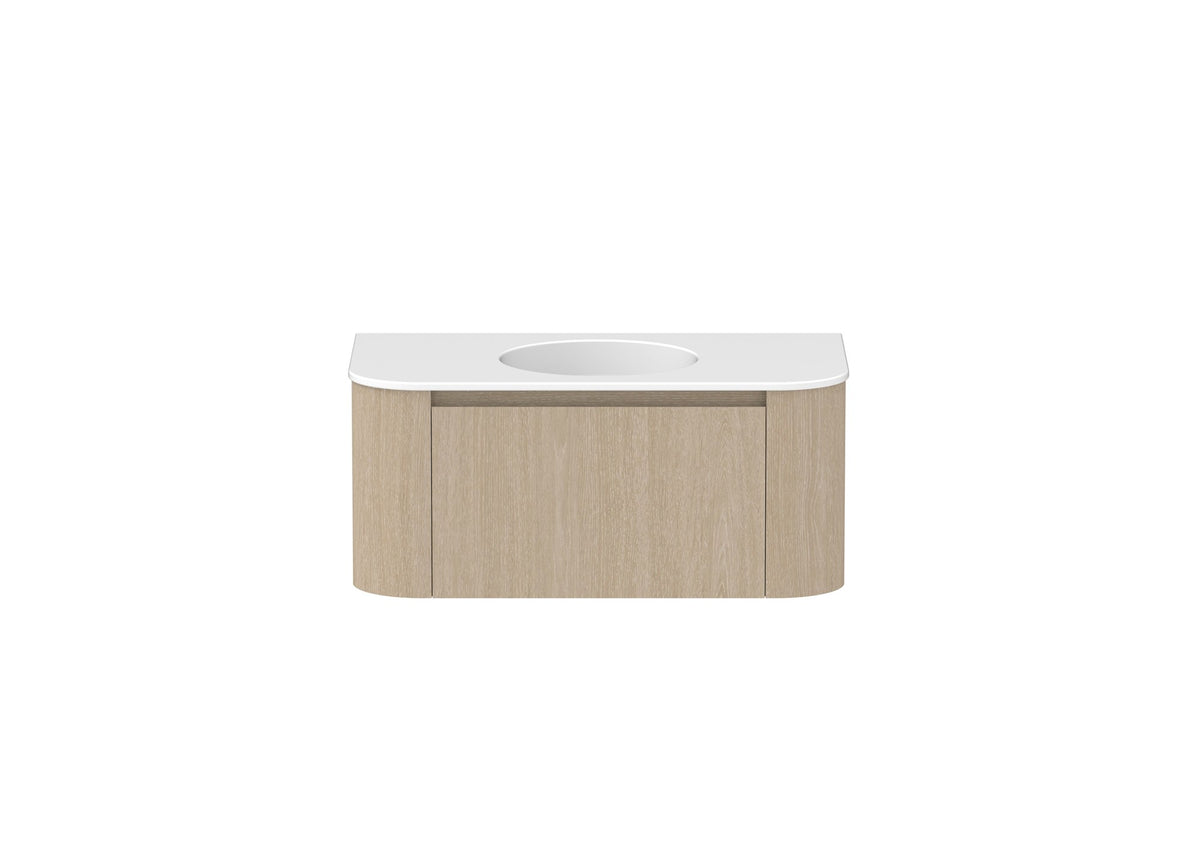 ADP Surry Wall Hung Vanity 900mm centre bowl in Coastal Oak, ceramic top, front view