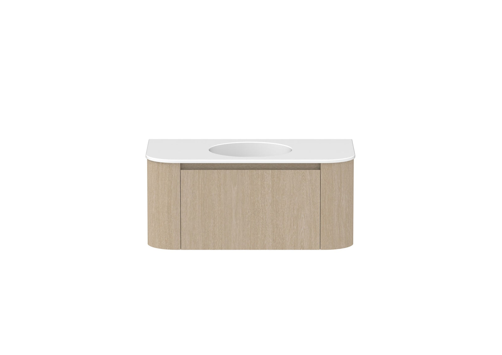 ADP Surry Wall Hung Vanity 900mm centre bowl in Coastal Oak, ceramic top, front view