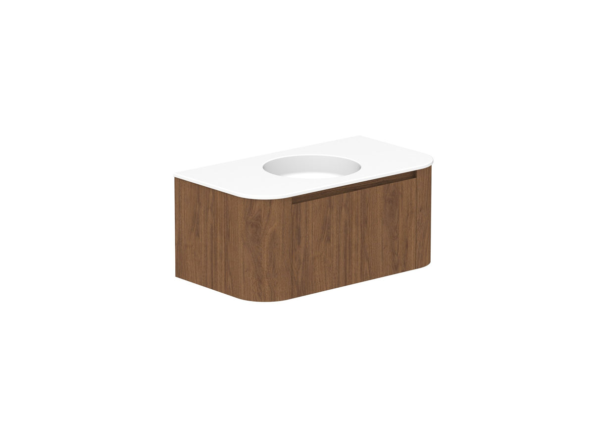 ADP Surry Wall Hung Vanity 900mm centre bowl in Florentine Walnut, ceramic top