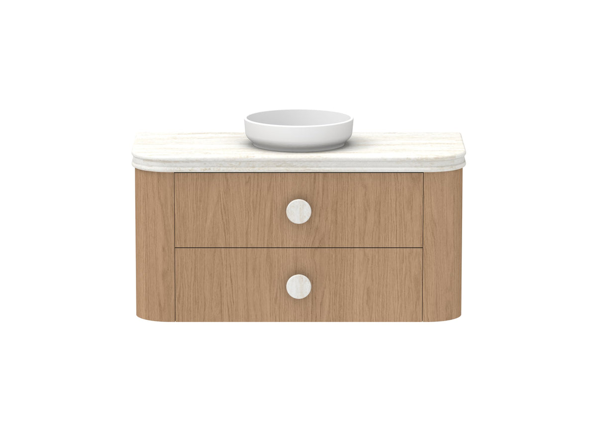 ADP Thea Wall Hung Vanity 1200mm centre bowl in Boston Oak, Royale benchtop, front view