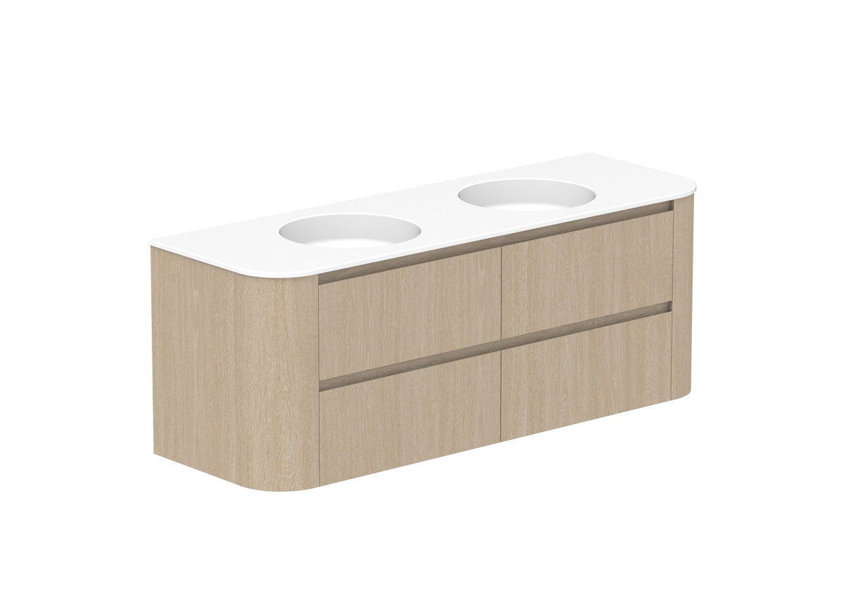 ADP Thea Wall Hung Vanity 1500mm double bowl in Coastal Oak, ceramic top