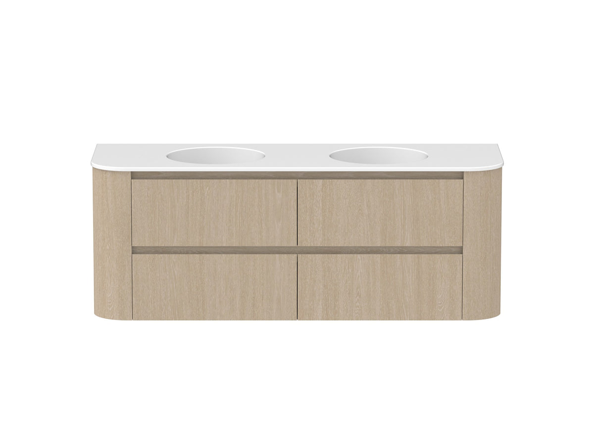 ADP Thea Wall Hung Vanity 1500mm double bowl in Coastal Oak, ceramic top, front view