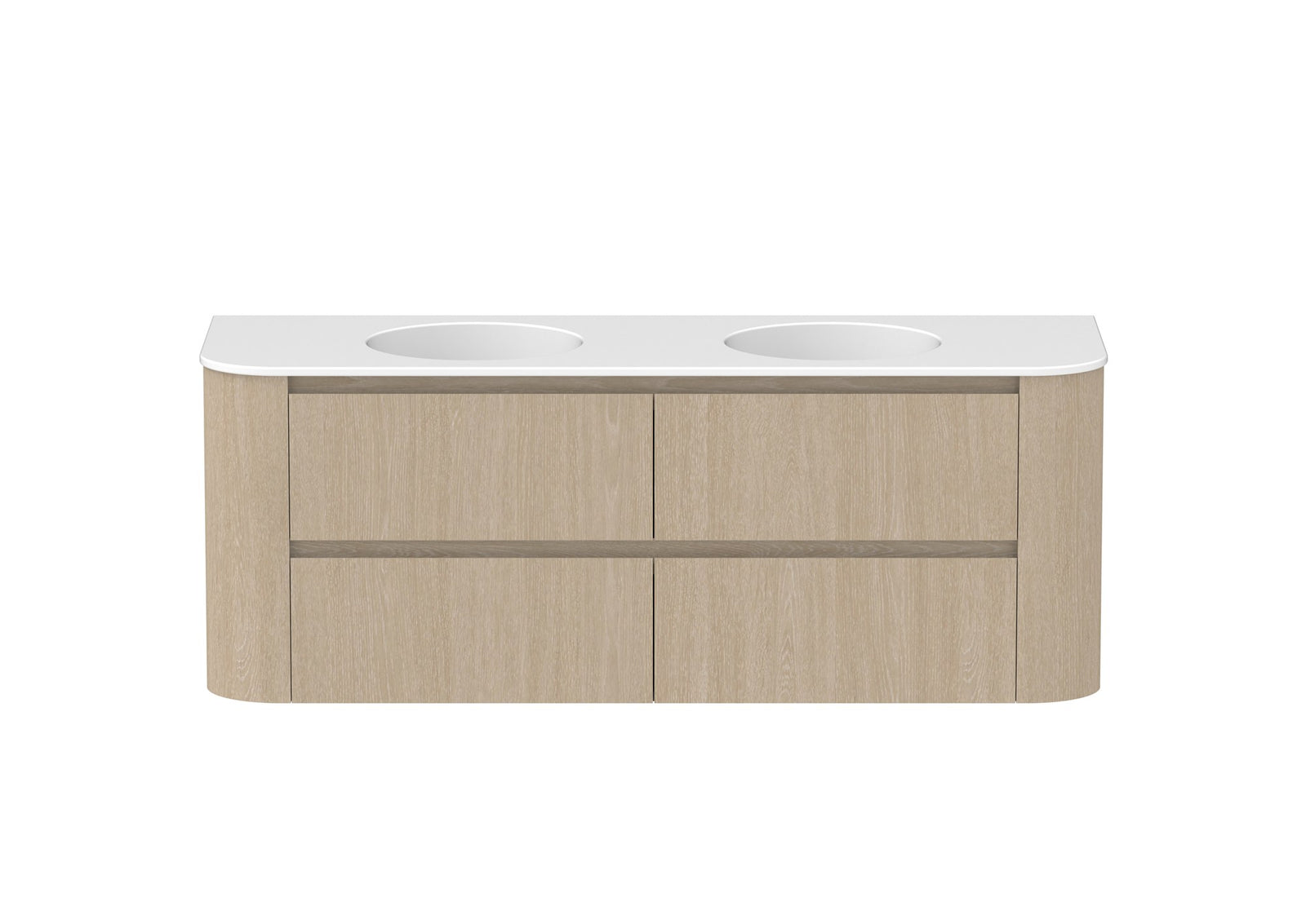 ADP Thea Wall Hung Vanity 1500mm double bowl in Coastal Oak, ceramic top, front view