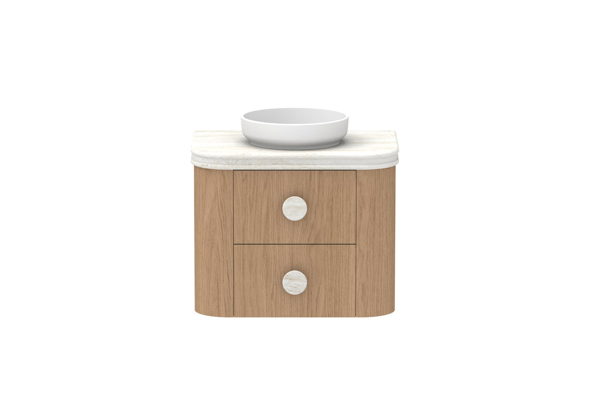 ADP Thea Wall Hung Vanity 750mm centre bowl in Boston Oak, Royale benchtop, front view