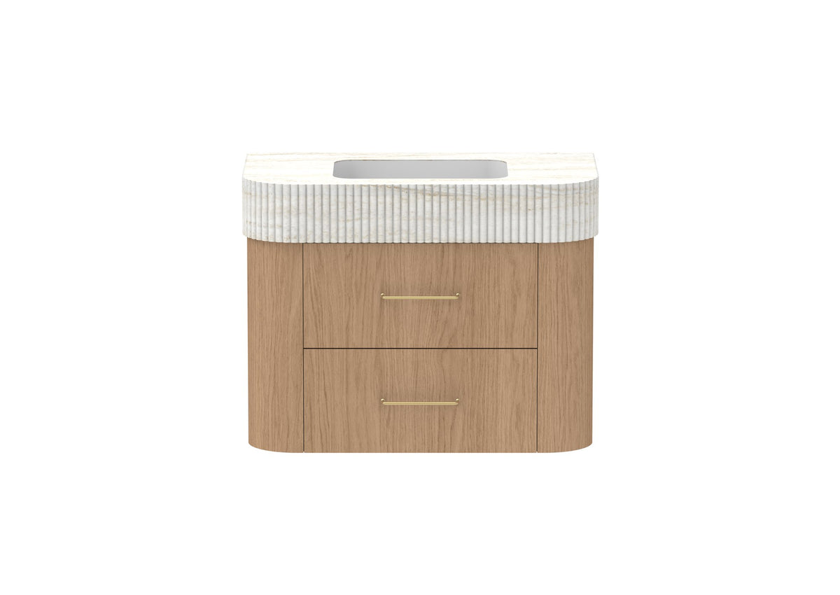 ADP Thea Wall Hung Vanity 900mm centre bowl in Boston Oak, Imperial top, front view